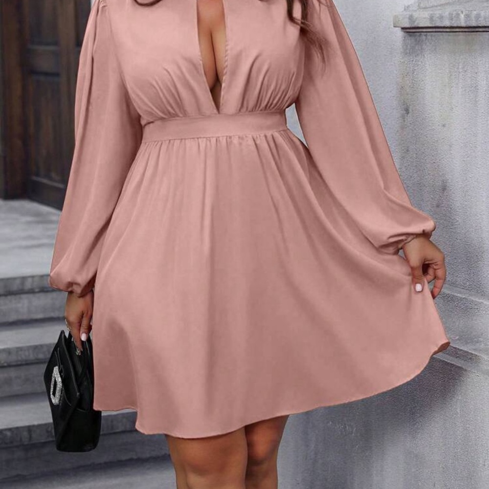 SHEIN Dusty Pink Plunge Bishop Sleeve Sundress